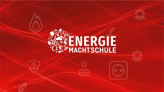 Rotes Titelbild der digitalen Handreichung „Energie macht Schule“ mit dem Titel „Handreichung für Lehrkräfte – Energie“. Im Hintergrund sind Symbole für Energie, Strom, Umwelt und Energiewende abgebildet.