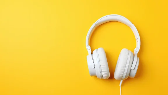 Modern headphones resting on a yellow background alongside books Room for text