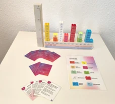 Foto eines Lern-Spielmaterials zum Thema Energieverbrauch im Haushalt. Im Hintergrund steht ein Balkendiagramm aus farbigen Legosteinen, das den Stromverbrauch verschiedener Geräte über den Tagesverlauf (0-24 Uhr) visualisiert - jede Farbe steht für eine Gerätekategorie wie Kochen, Beleuchtung oder Waschmaschine. Davor liegen pink-violette Spielkarten mit Aufgaben- und Ereignisfeldern sowie ein Legendenblatt, das die Farben den jeweiligen Haushaltsgeräten zuordnet.