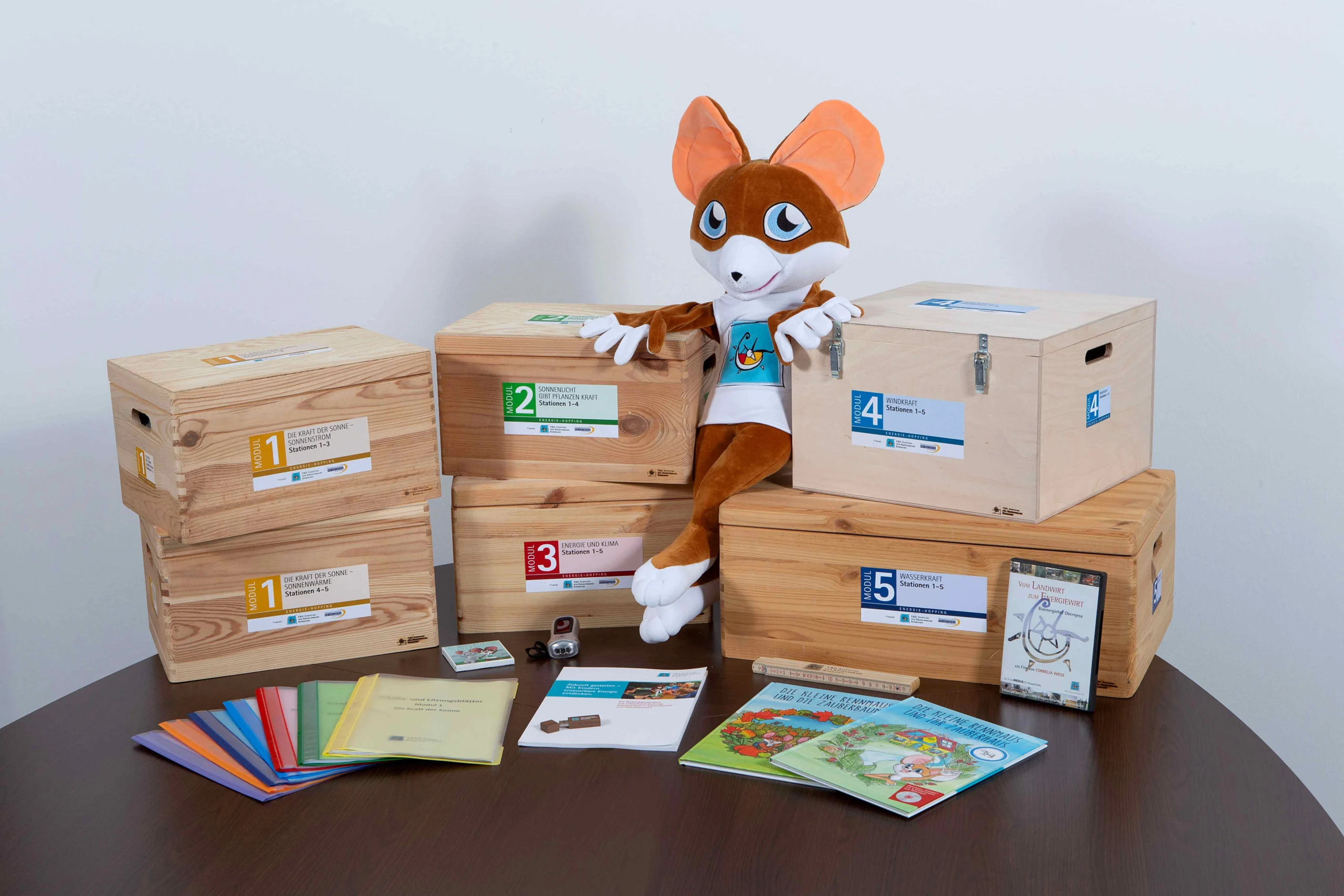 Das neue Set „Energie-Hopping“ mit Rennmaus-Puppe, Arbeitsblättern, Handbuch und Kinderbüchern.