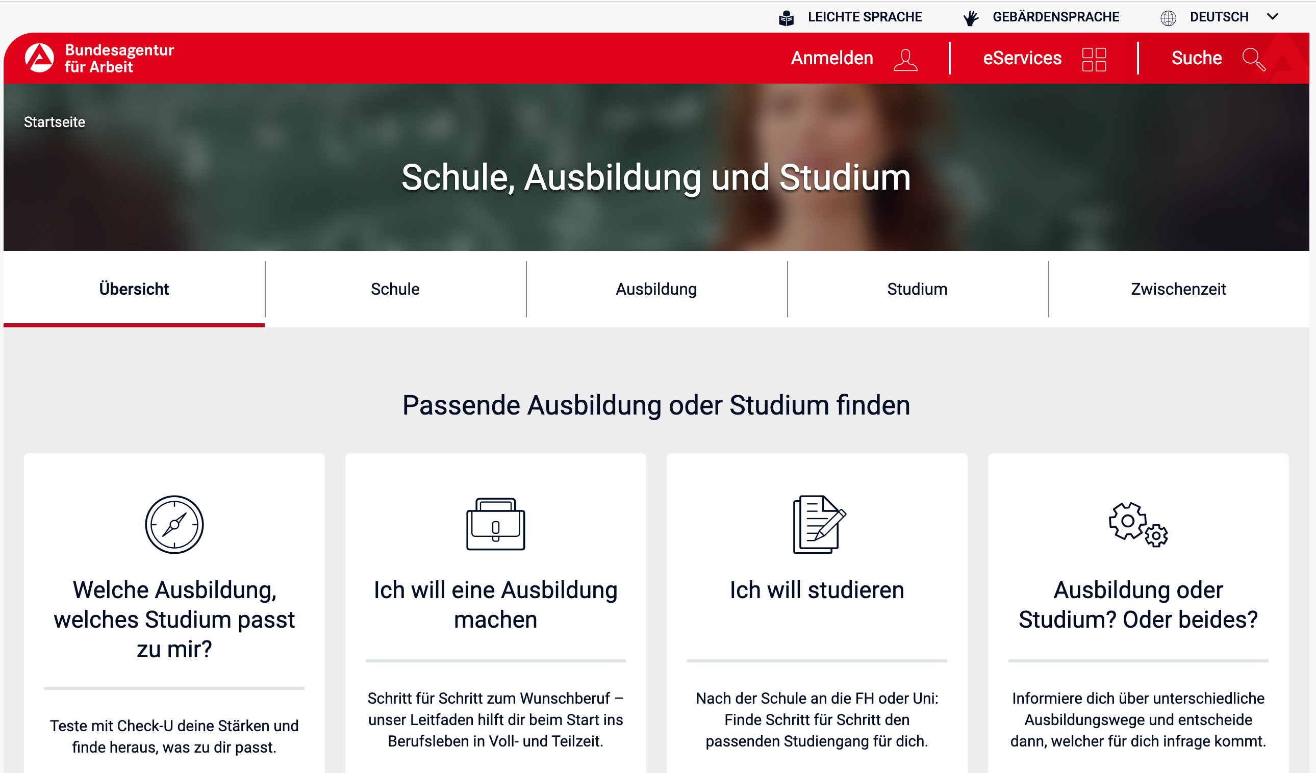 Internetauftritt der Bundesagentur für Arbeit