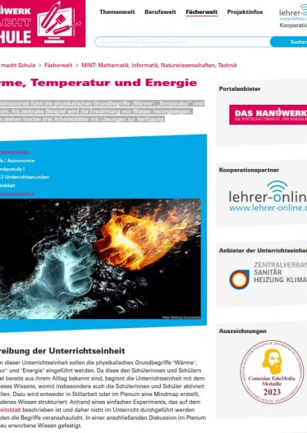 Unterrichtseinheit ""Wärme", "Temperatur"; "Energie""; Handwerk macht Schule