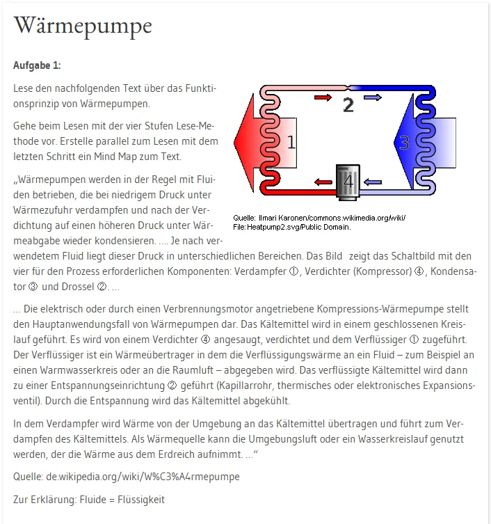 Arbeitsblatt zur Funktion der Wärmepumpe vom Landesbildungsserver Baden-Württemberg