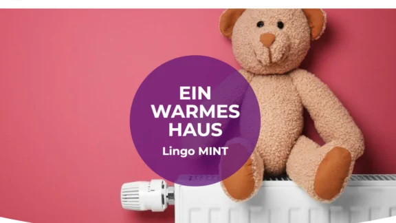 Ein Kuschelbär sitzt auf einer Heizung. In der Überschrift steht: Ein warmes Haus.