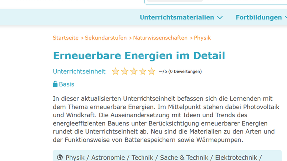 Screenshot der Plattform Lehrer-Online mit einem Bildungsmaterial zu Erneuerbaren Energien im Detail für die Sekundarstufe II