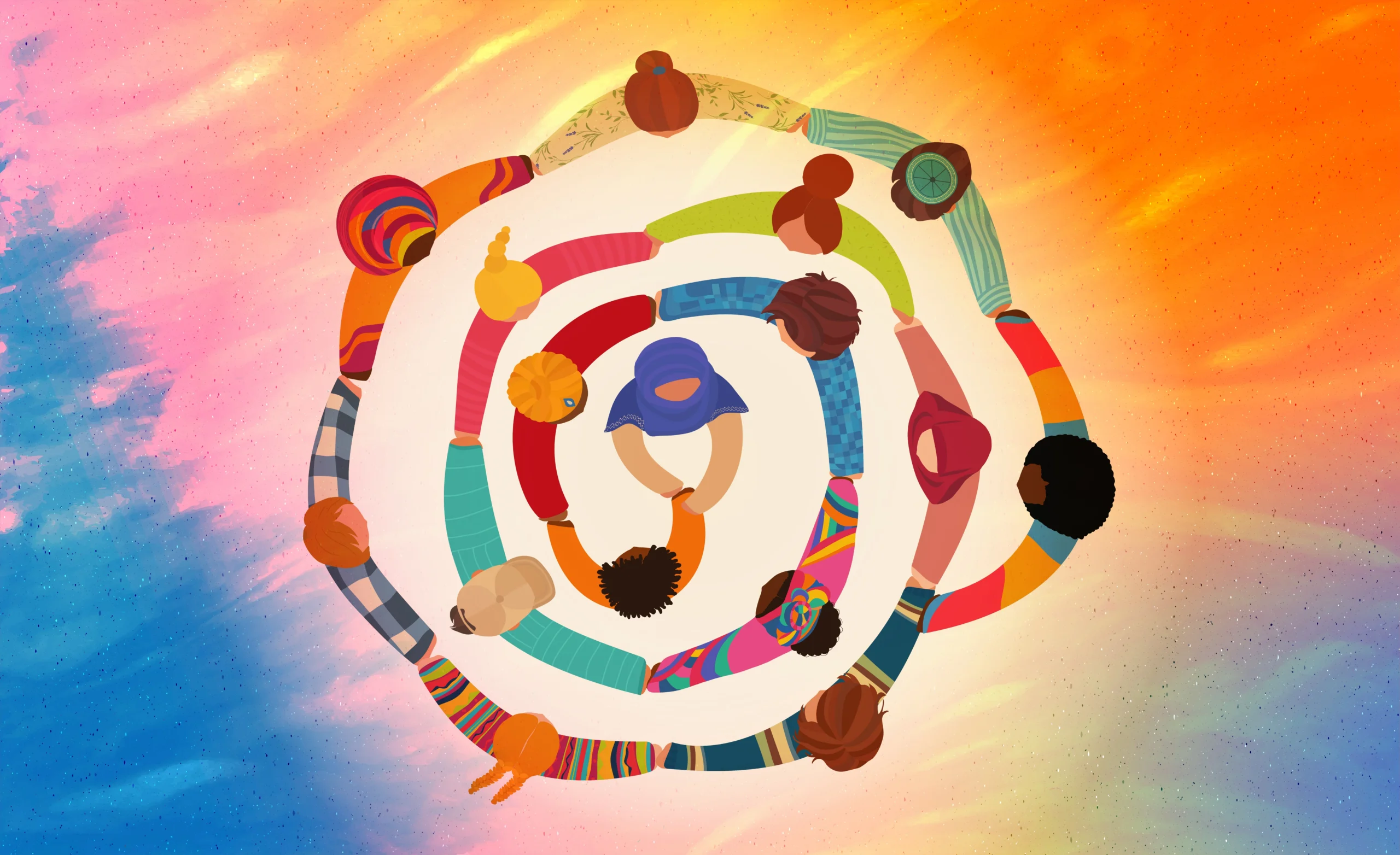 Aerial view of people forming a colorful spiral symbolizing unity diversity and human connection