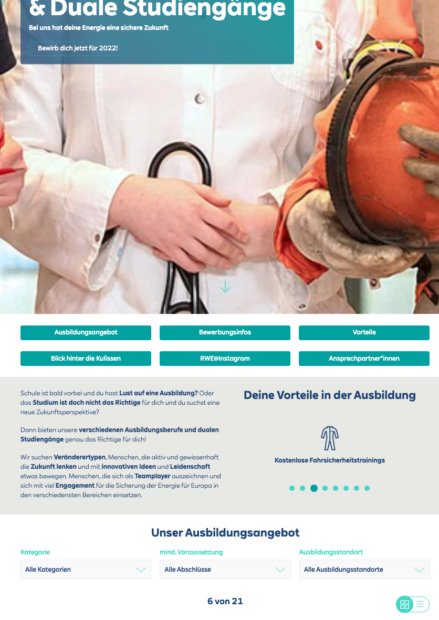 Webseite RWE Ausbildung Studium