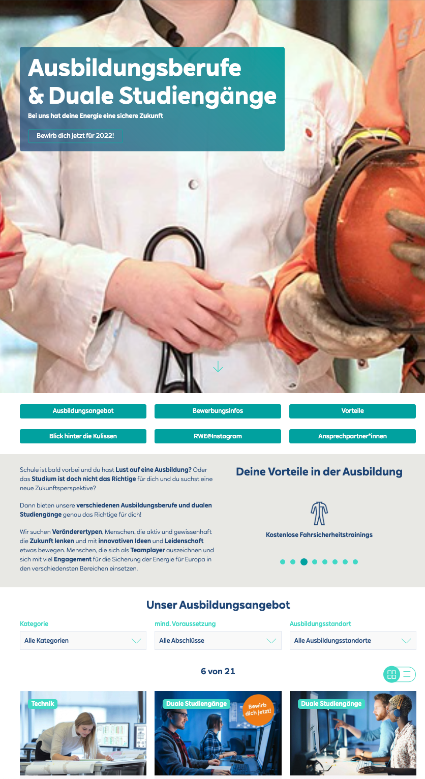 Webseite RWE Ausbildung Studium