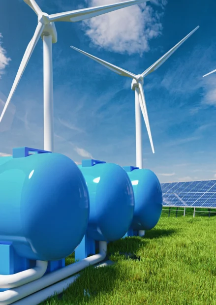 Wasserstofftanks stehen auf einer grünen Wiese. Hinter ihnen stehen Windräder und Solarzellen.